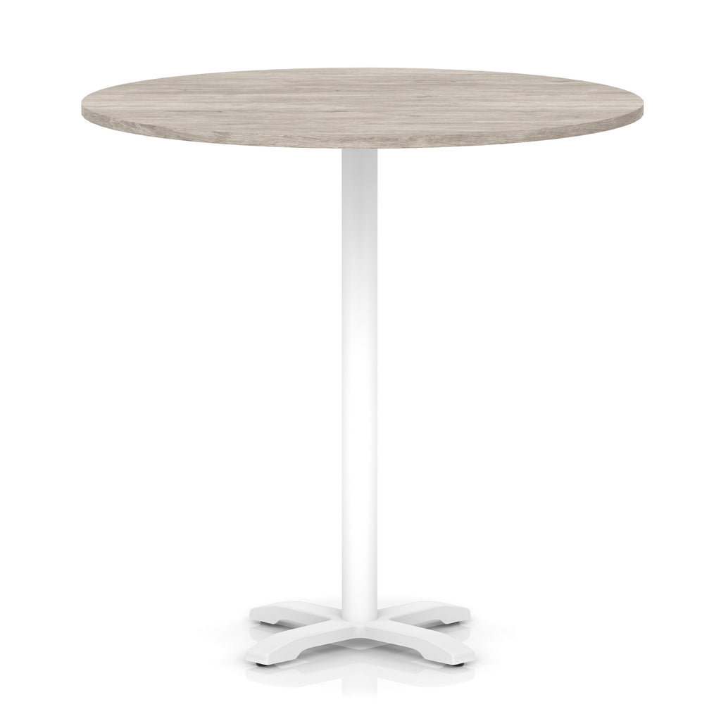 Round high table with grey wood-effect top and white base on a white background
