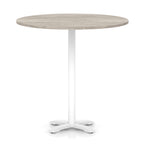 Round high table with grey wood-effect top and white base on a white background