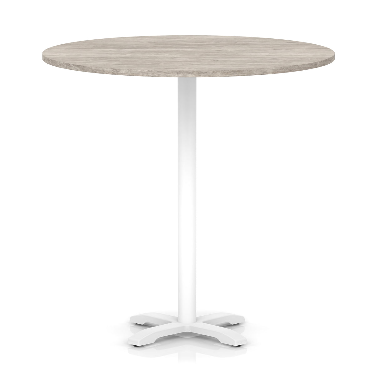 Round high table with grey wood-effect top and white base on a white background