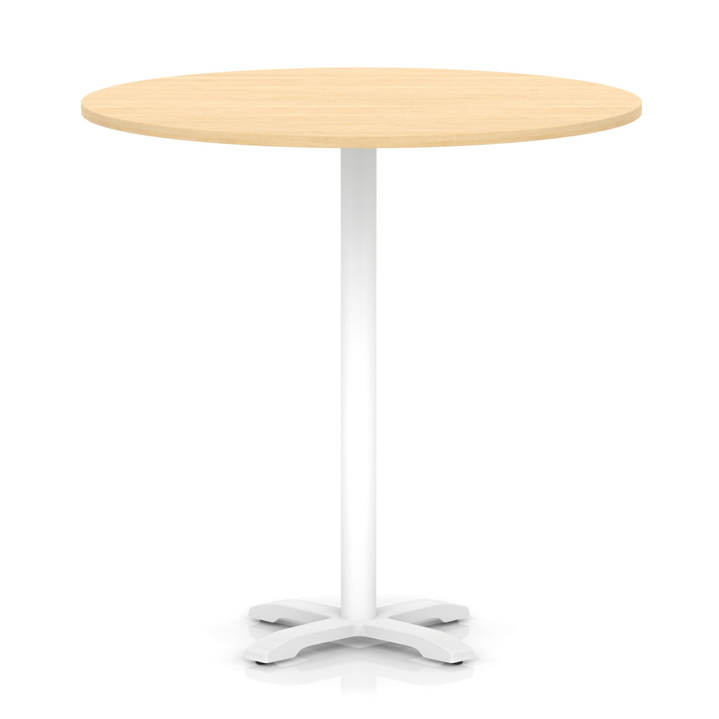 Round high table with wood-effect top and white base on a white background