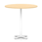 Round high table with wood-effect top and white base on a white background