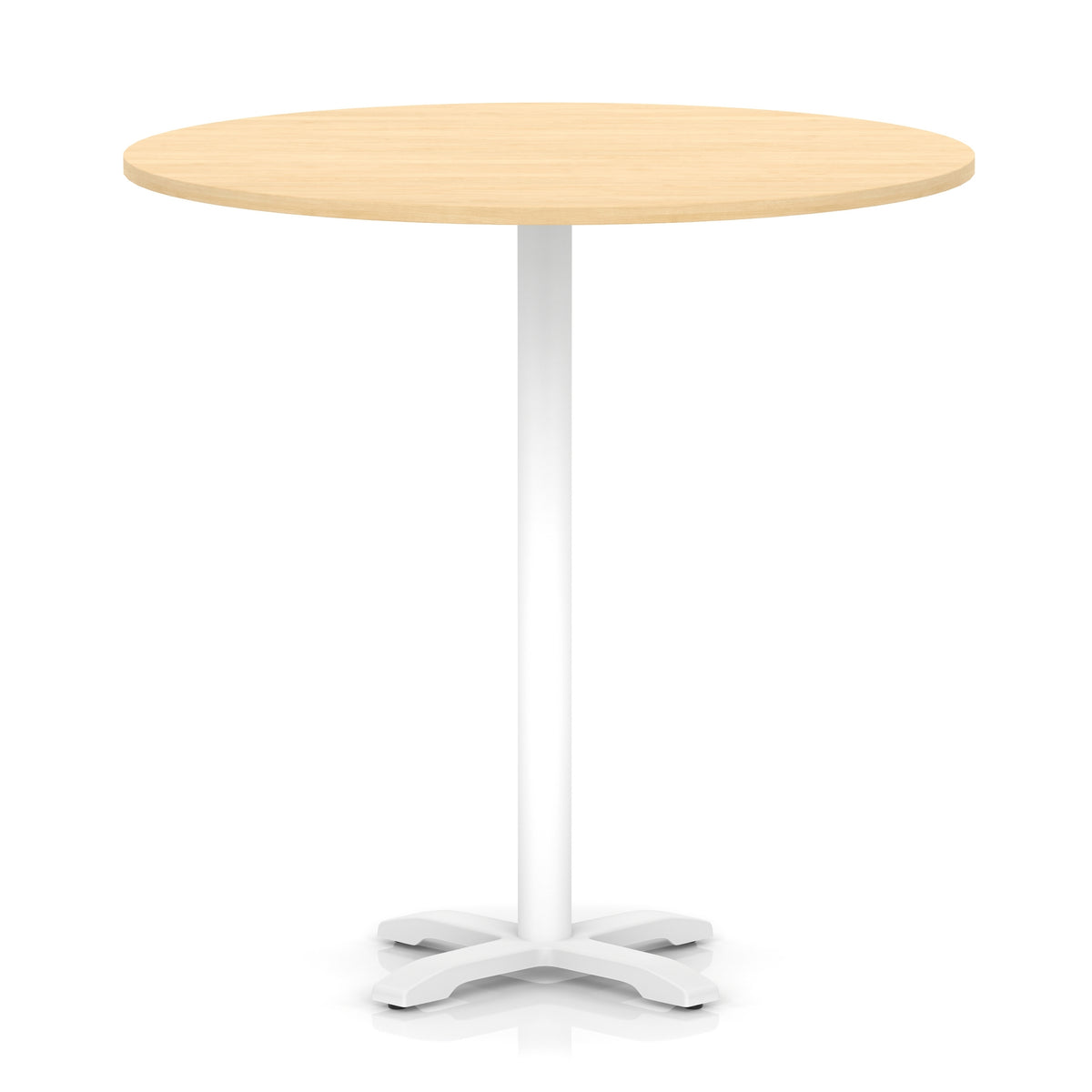 Round high table with wood-effect top and white base on a white background