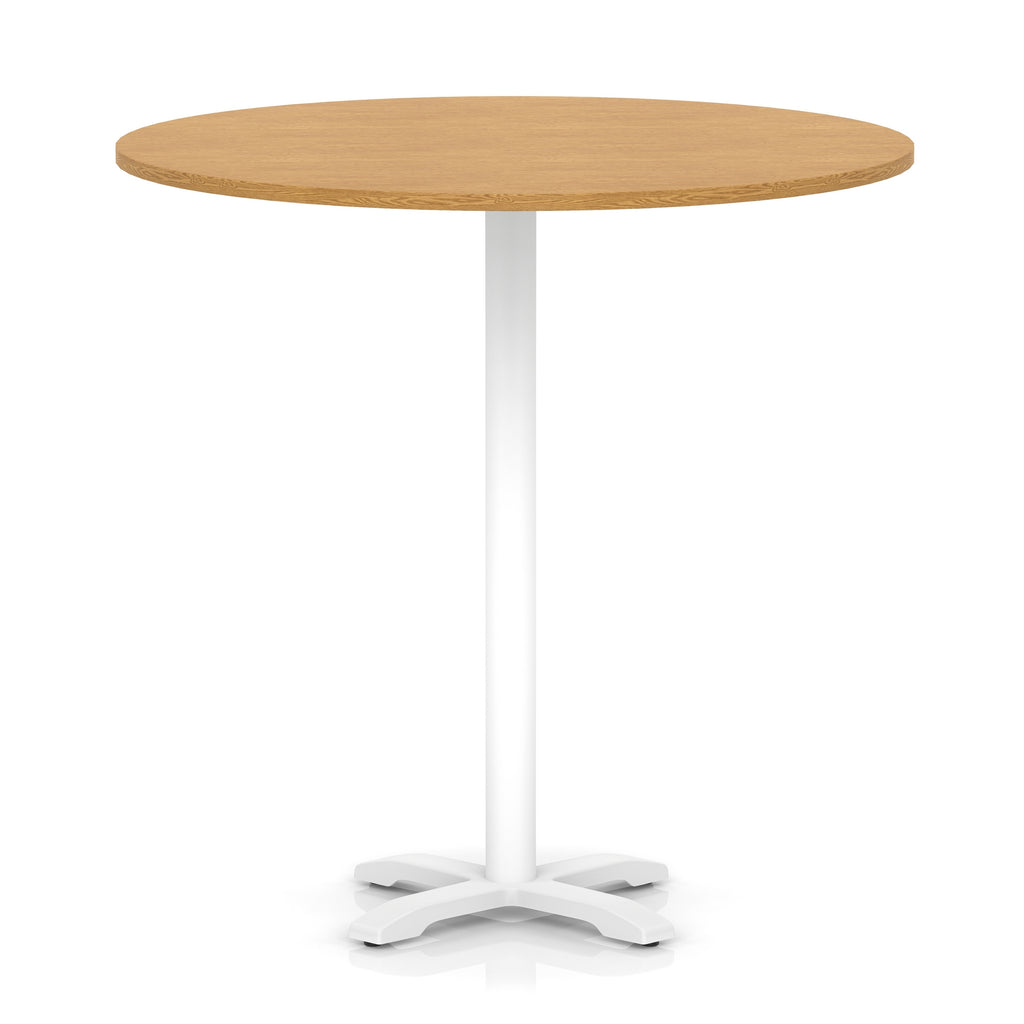 Round high table with wood-effect top and white base on a white background