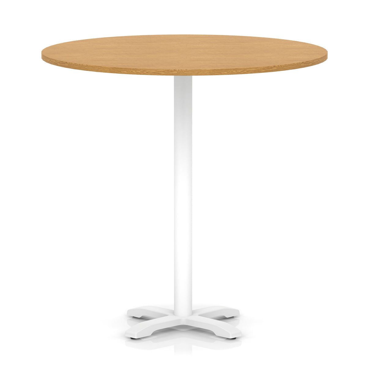 Round high table with wood-effect top and white base on a white background