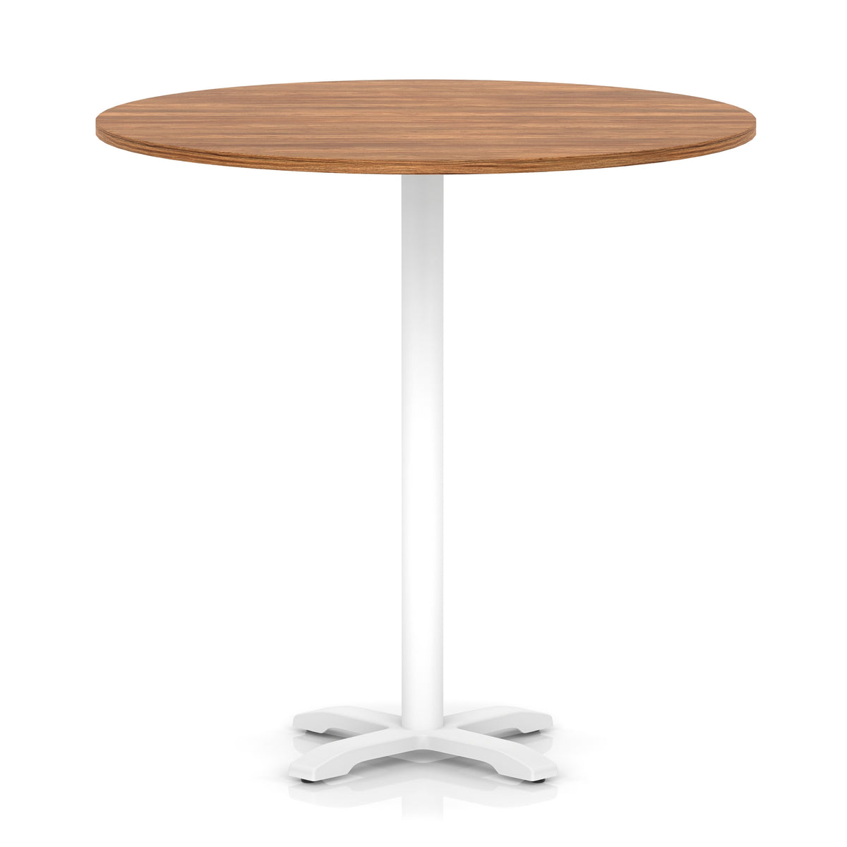 Round high table with wood-effect top and white base on a white background