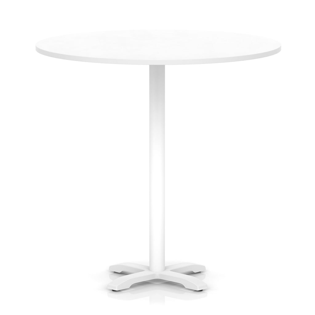 White round high table with metal base on a white background