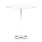 White round high table with metal base on a white background