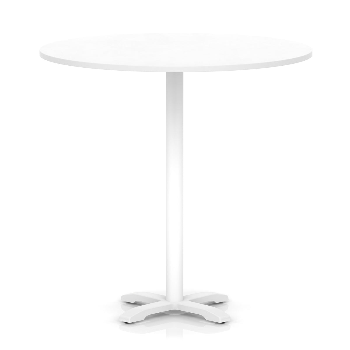 White round high table with metal base on a white background