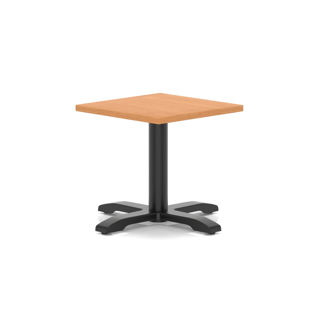 Square coffee table with grey wood-effect top and black metal base on a white background