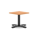 Square coffee table with grey wood-effect top and black metal base on a white background