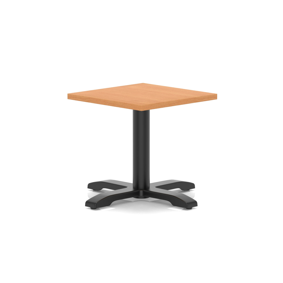 Square coffee table with grey wood-effect top and black metal base on a white background