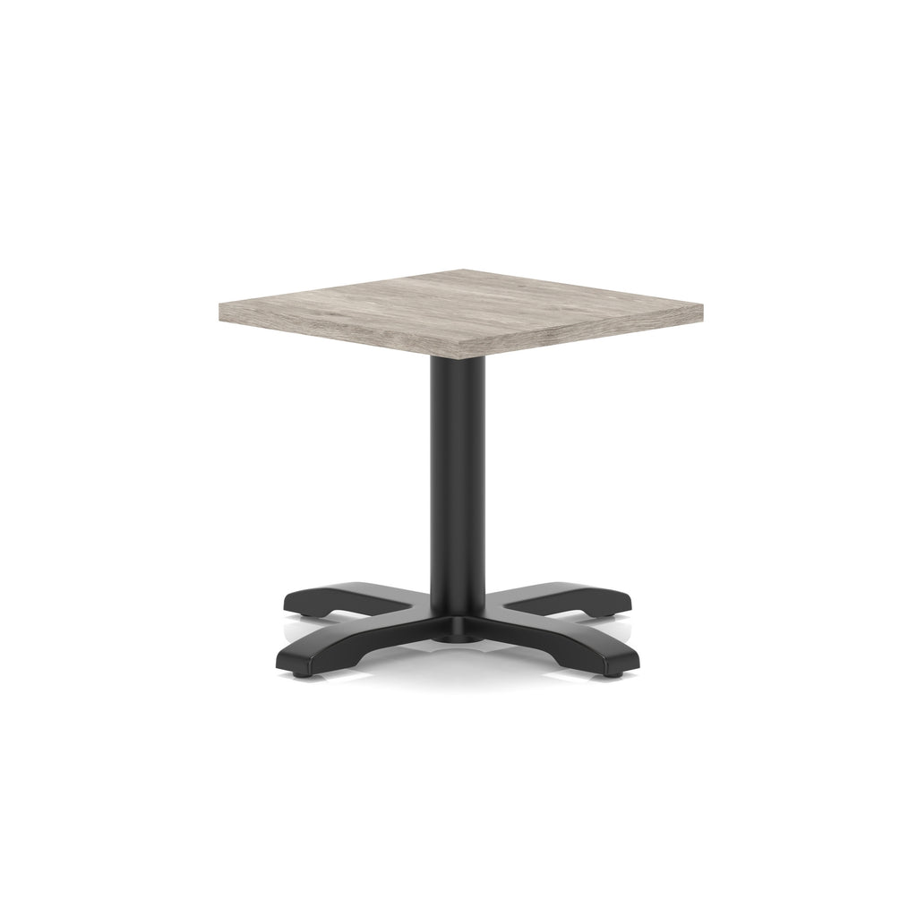 Square coffee table with grey wood-effect top and black metal base on a white background