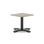 Square coffee table with grey wood-effect top and black metal base on a white background