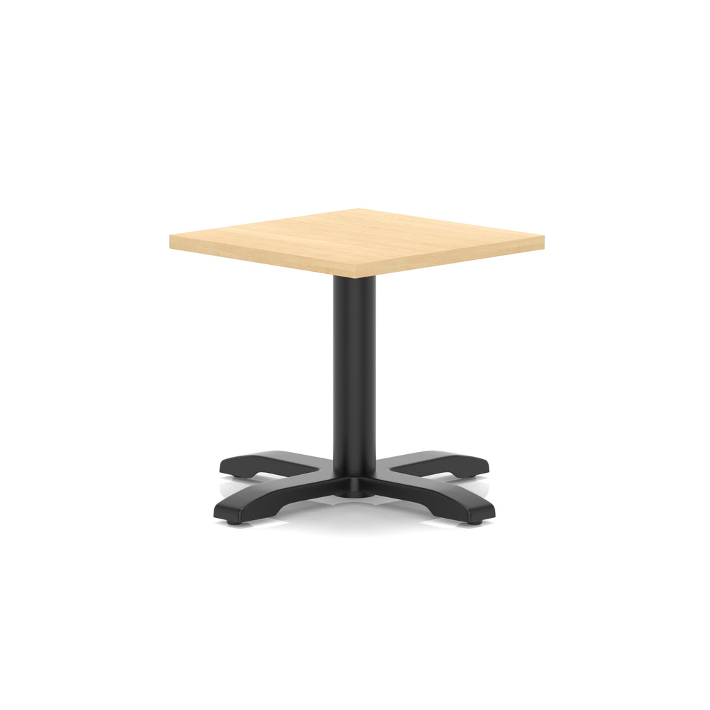 Square coffee table with wood-effect top and black metal base on a white background