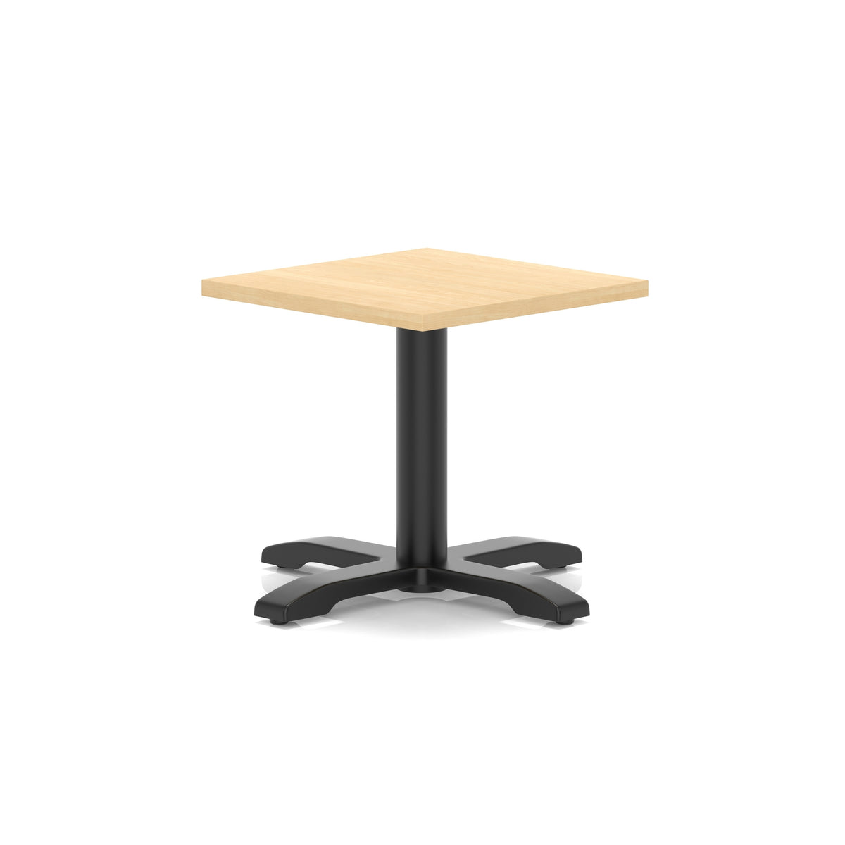 Square coffee table with wood-effect top and black metal base on a white background