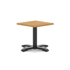 Square coffee table with wood-effect top and black metal base on a white background