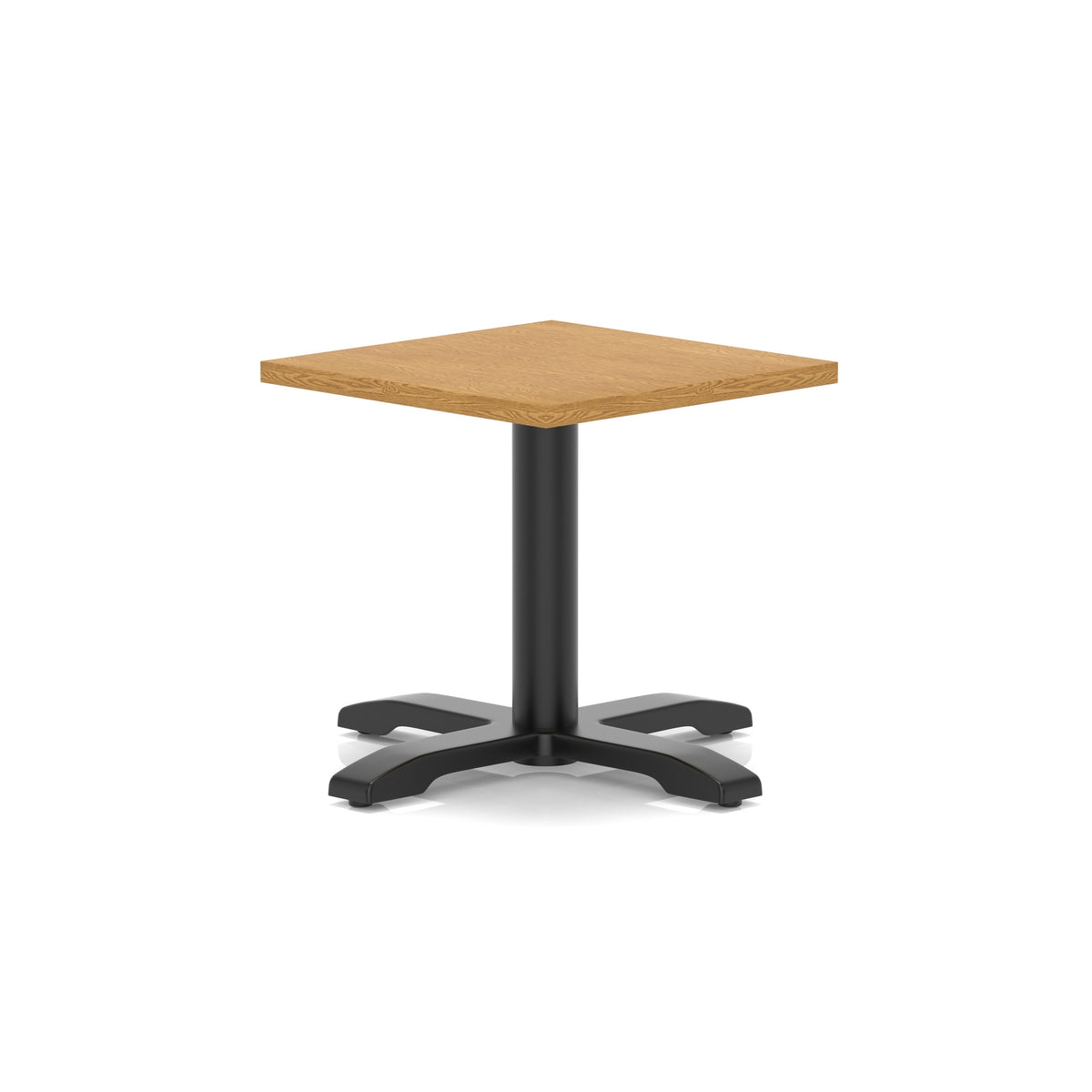 Square coffee table with wood-effect top and black metal base on a white background