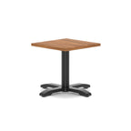 Square coffee table with wood-effect top and black metal base on a white background