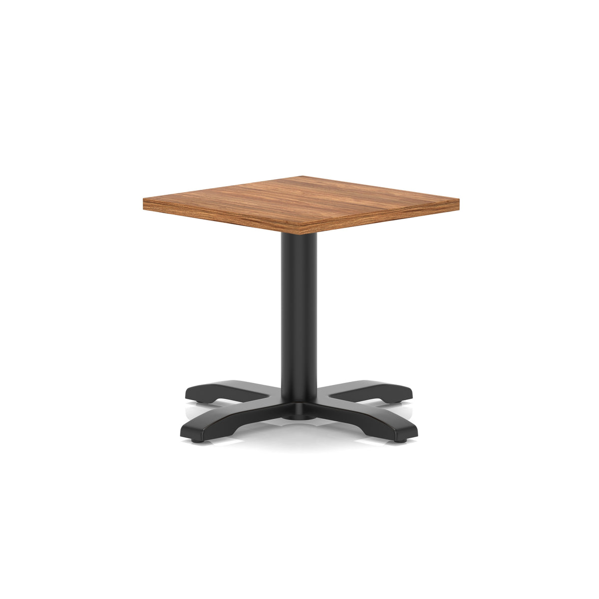 Square coffee table with wood-effect top and black metal base on a white background