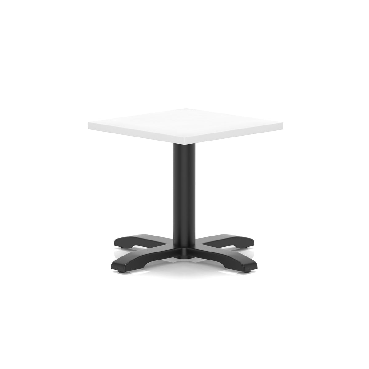 A square coffee table with a white top and a black pedestal base with a four-star cross design, shown on a solid white background.