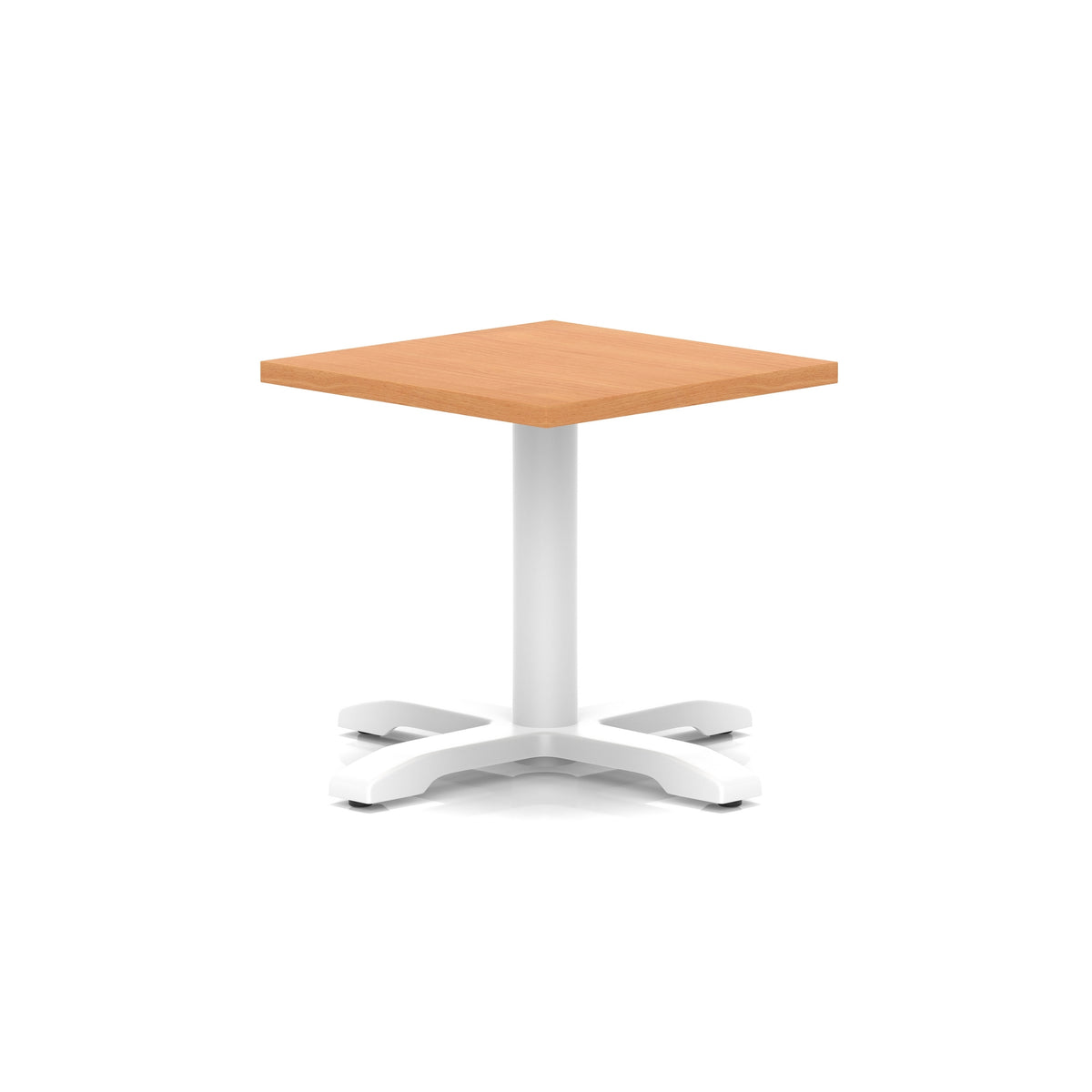 Square coffee table with grey wood-effect top and white metal base on a white background