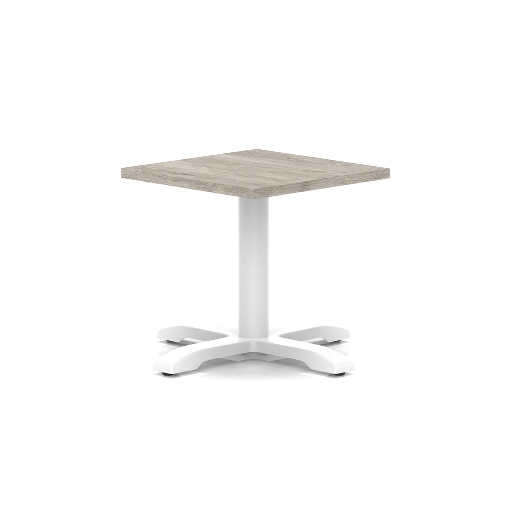 Square coffee table with grey wood-effect top and white metal base on a white background