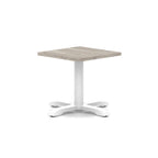 Square coffee table with grey wood-effect top and white metal base on a white background