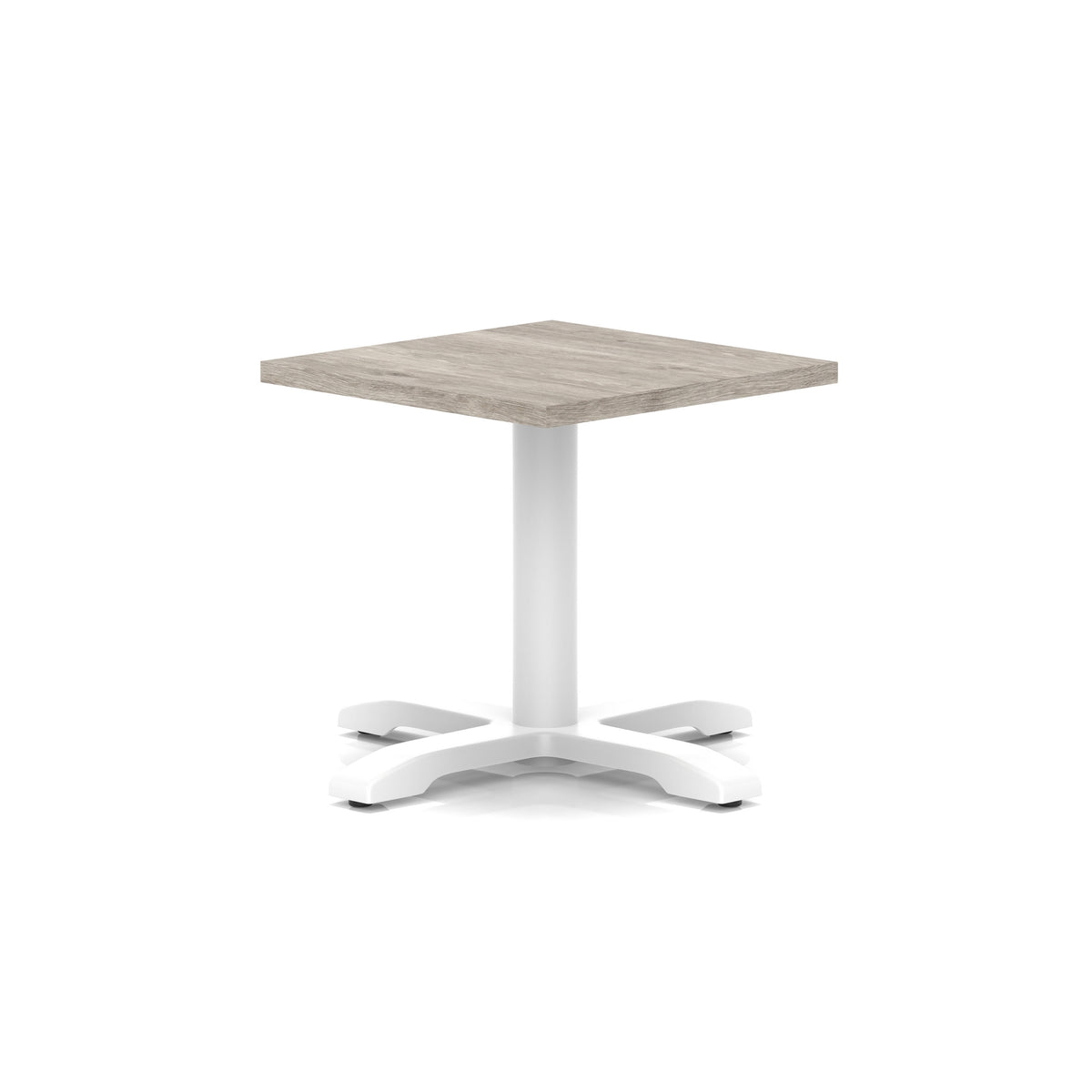 Square coffee table with grey wood-effect top and white metal base on a white background