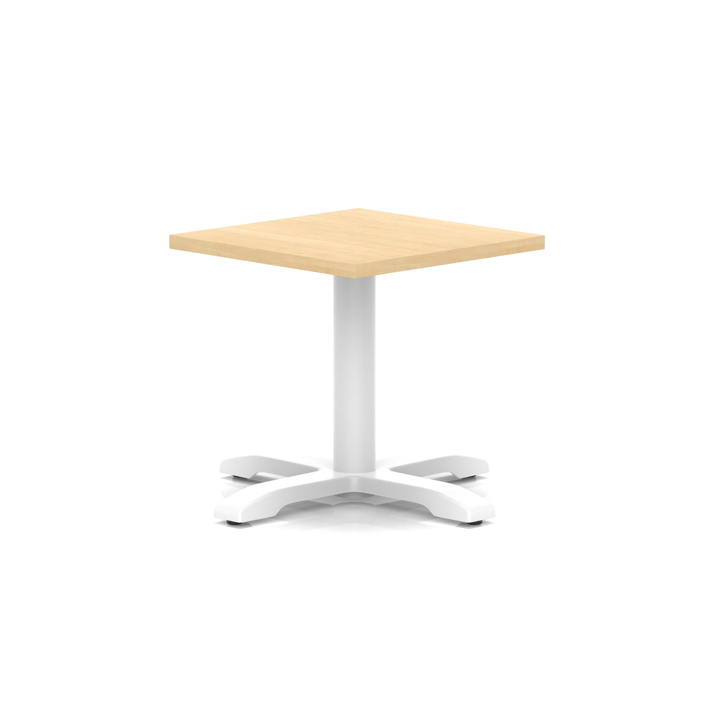 Square coffee table with wood-effect top and white metal base on a white background