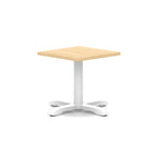 Square coffee table with wood-effect top and white metal base on a white background