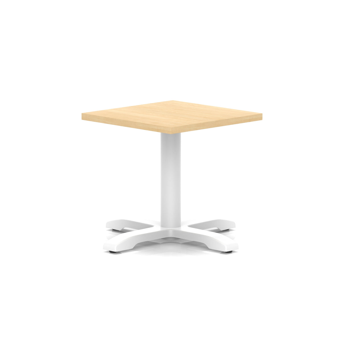Square coffee table with wood-effect top and white metal base on a white background
