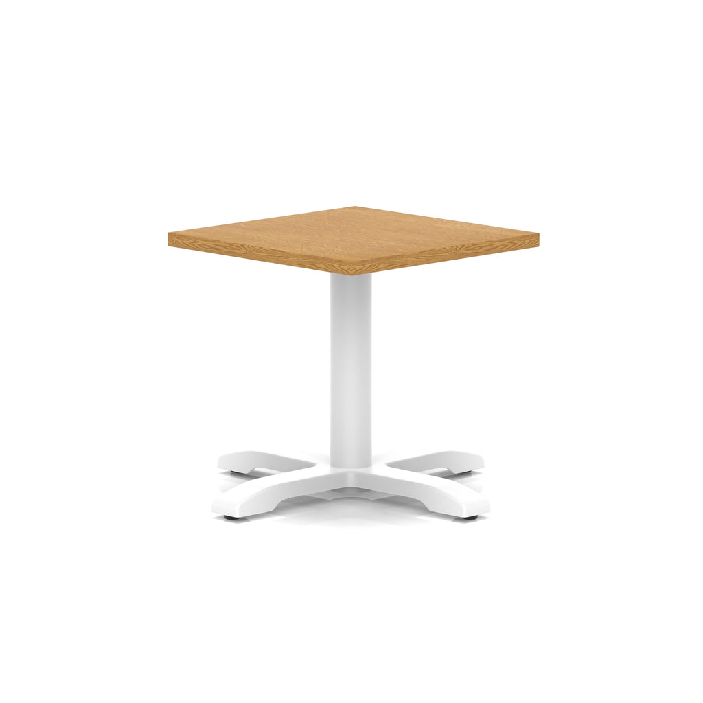 Square coffee table with wood-effect top and white metal base on a white background