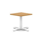 Square coffee table with wood-effect top and white metal base on a white background