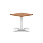 Square coffee table with wood-effect top and white metal base on a white background