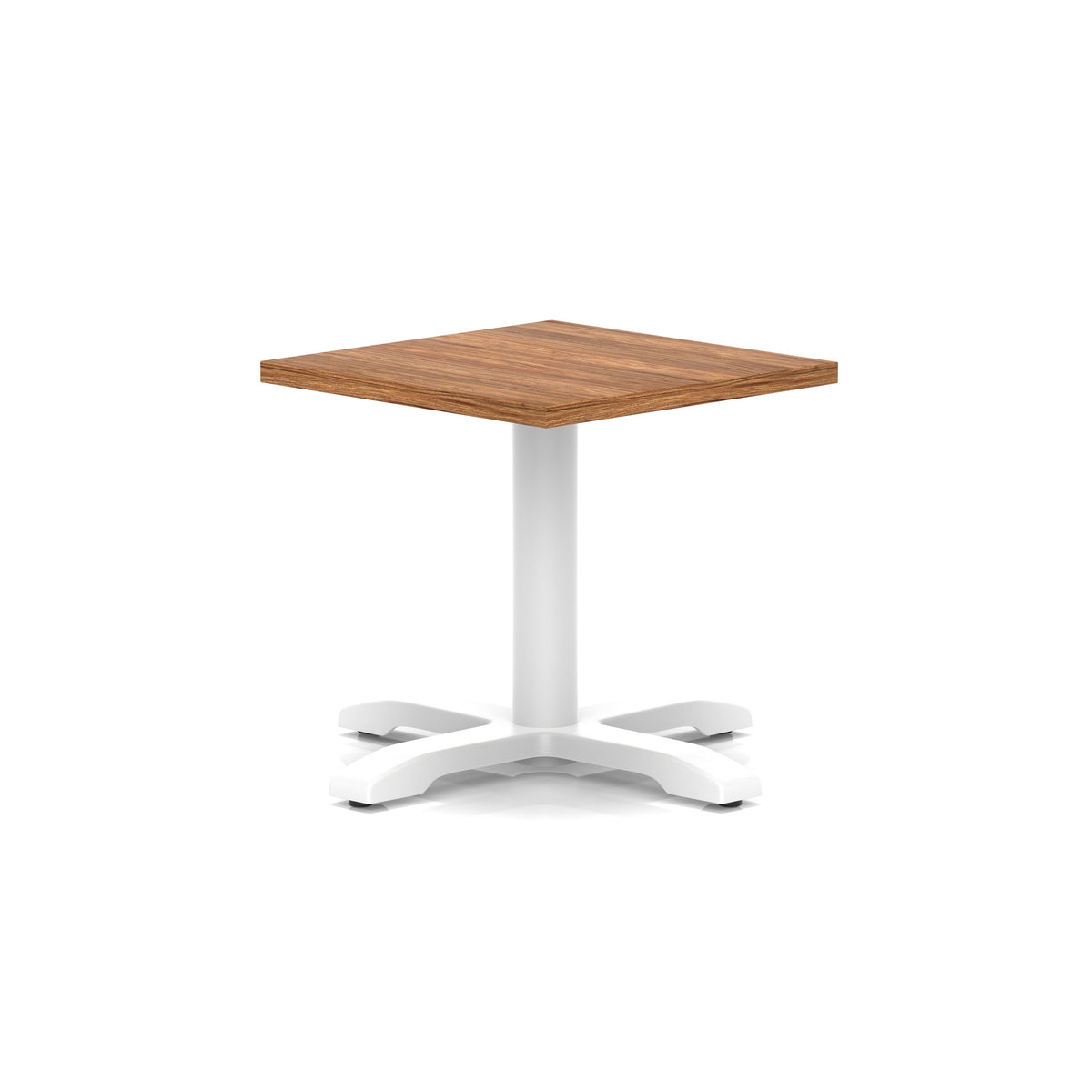 Square coffee table with wood-effect top and white metal base on a white background