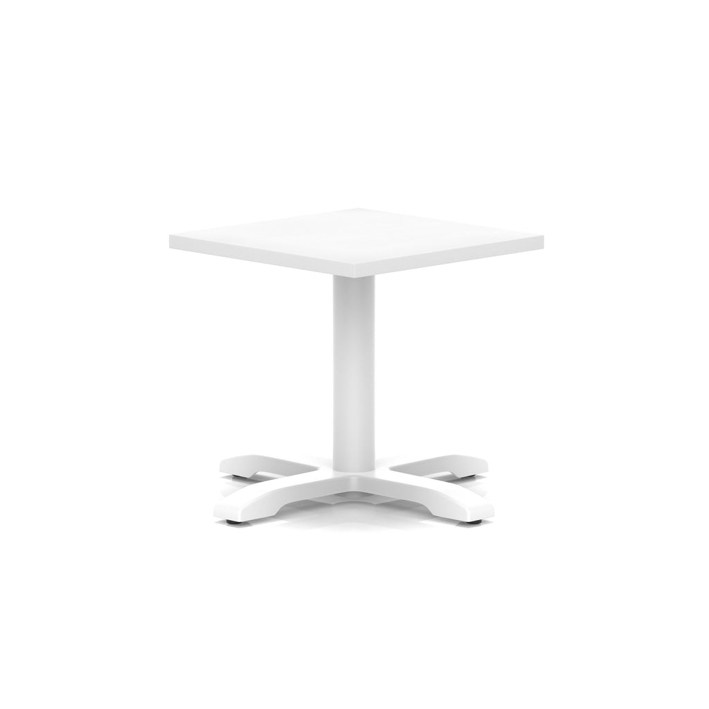 White square coffee table with a modern base on a white background