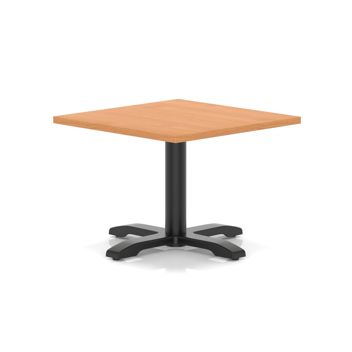 Square coffee table with grey wood-effect top and black metal base on a white background