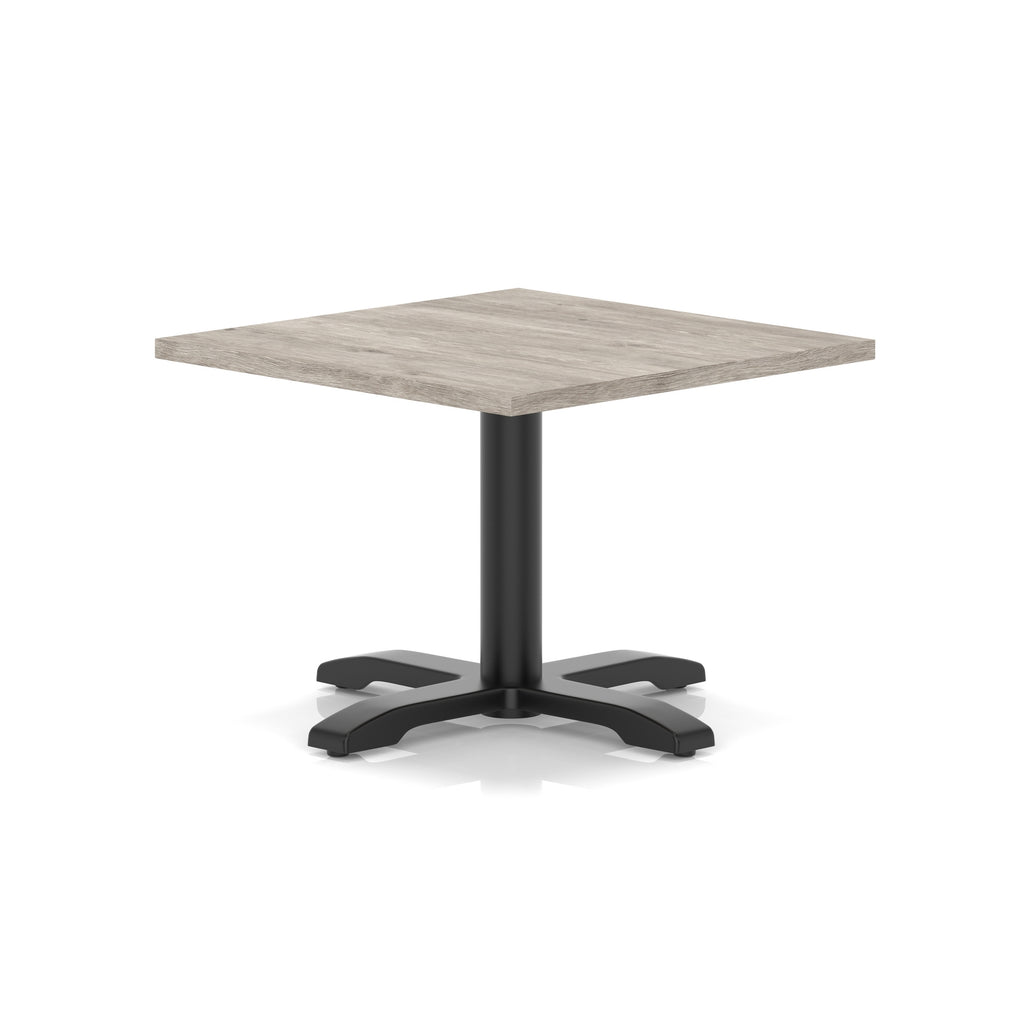 Square coffee table with grey wood-effect top and black metal base on a white background
