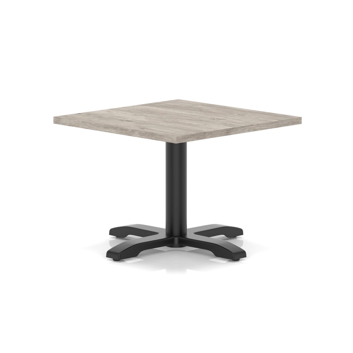 Square coffee table with grey wood-effect top and black metal base on a white background