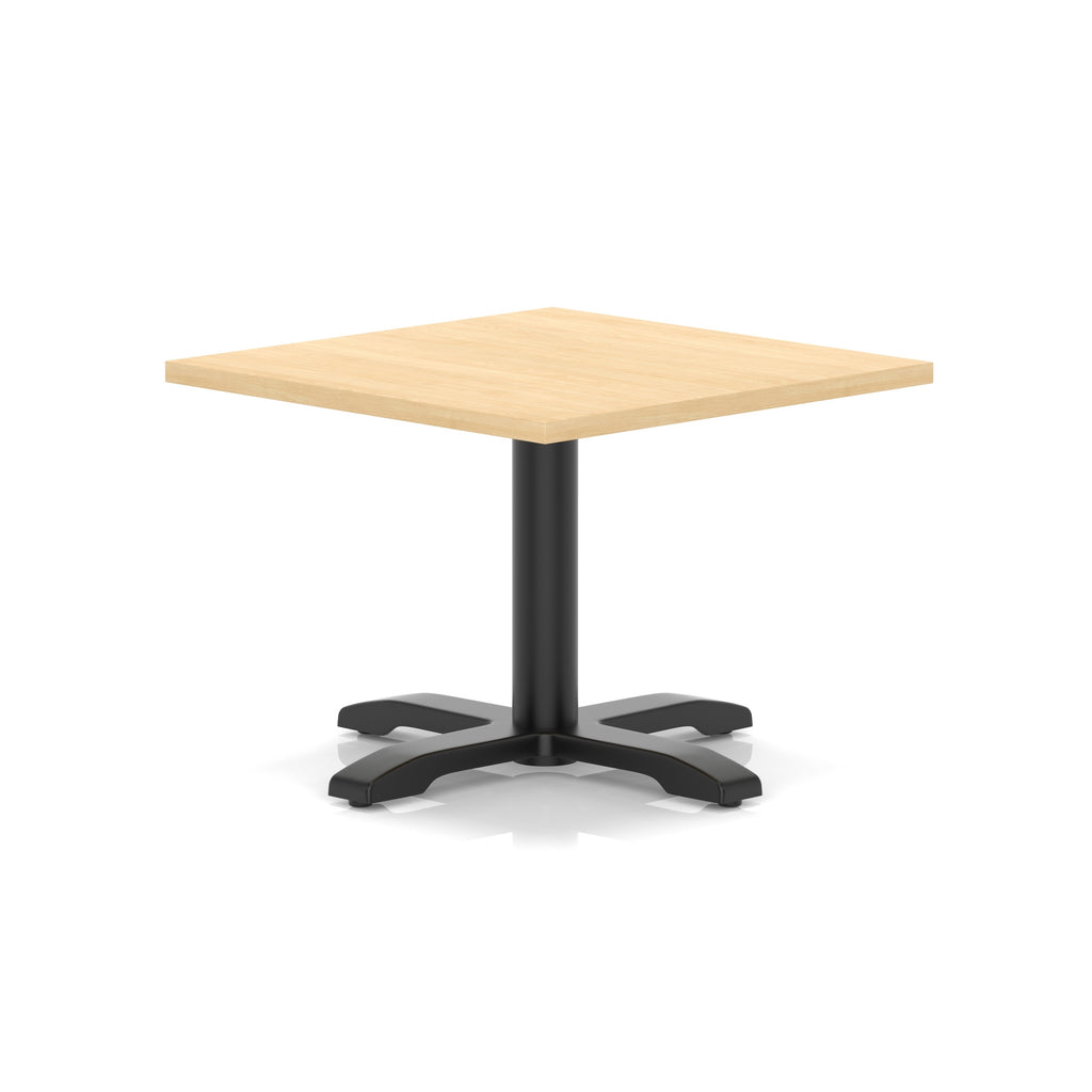 Square coffee table with wood-effect top and black metal base on a white background