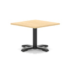 Square coffee table with wood-effect top and black metal base on a white background