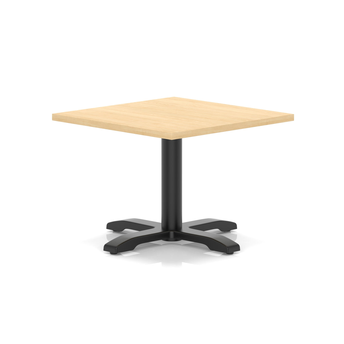 Square coffee table with wood-effect top and black metal base on a white background