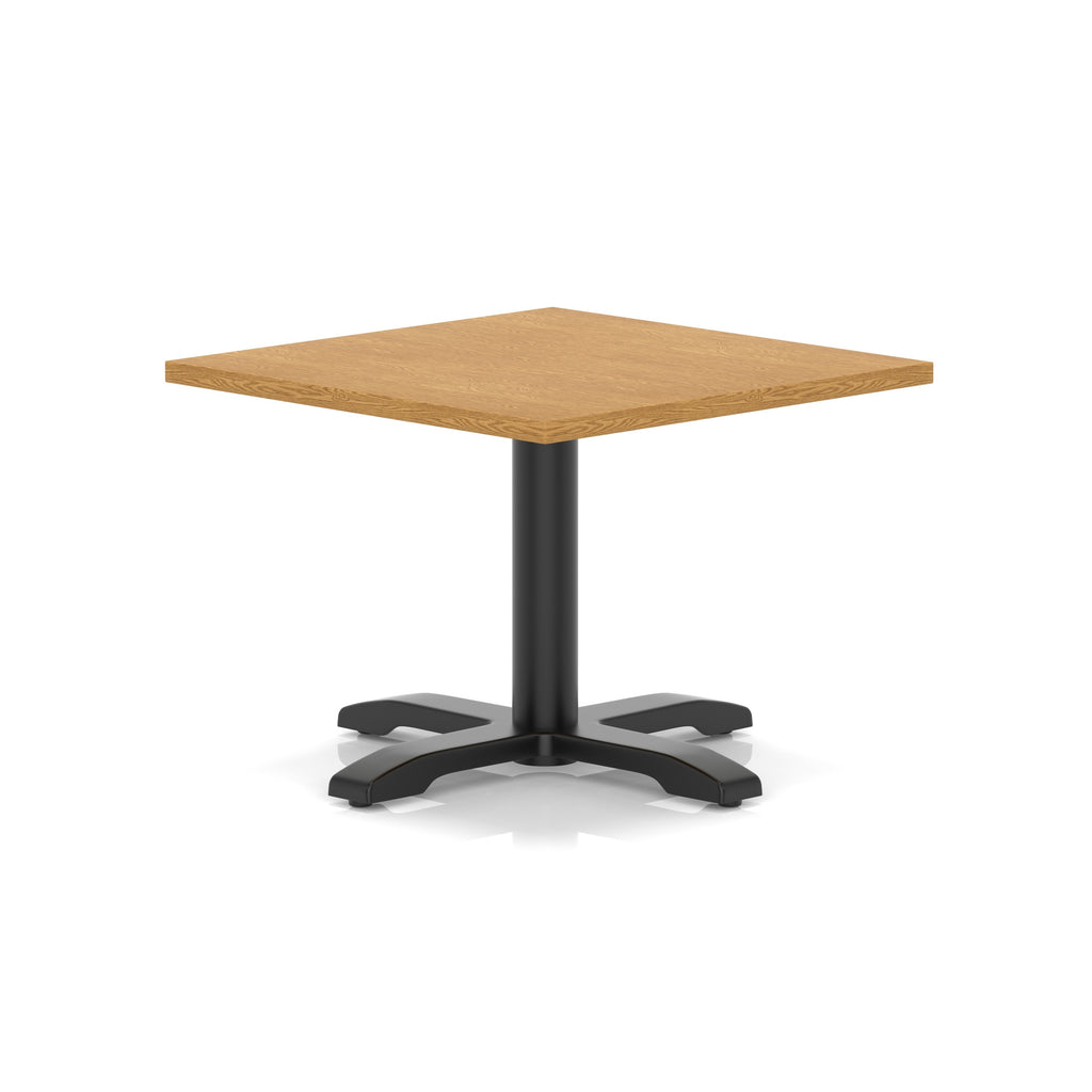 Square coffee table with wood-effect top and black metal base on a white background