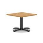 Square coffee table with wood-effect top and black metal base on a white background