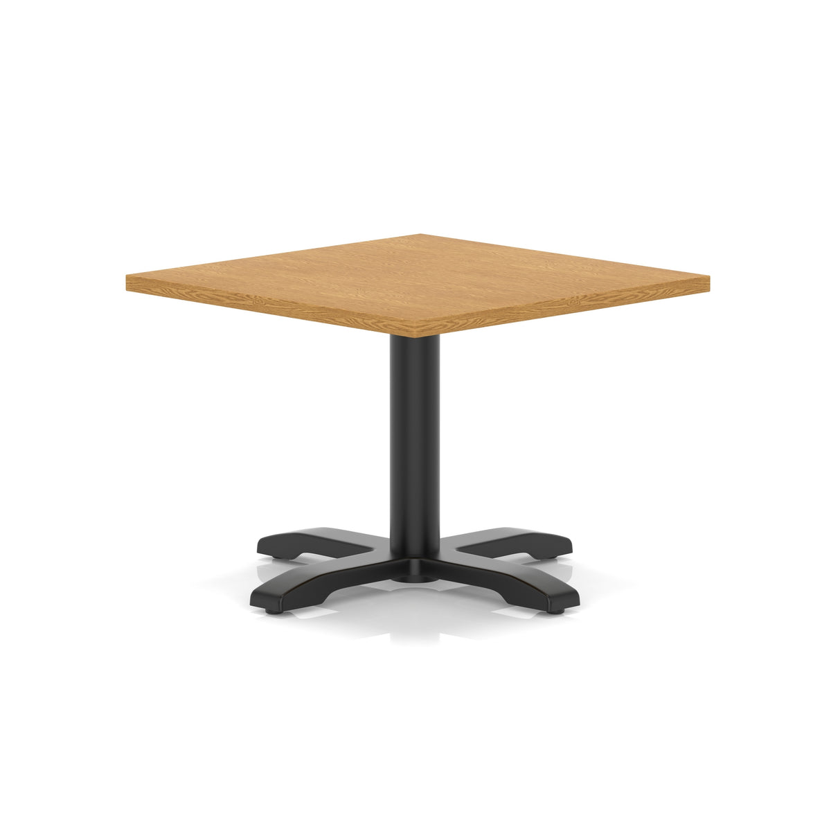 Square coffee table with wood-effect top and black metal base on a white background