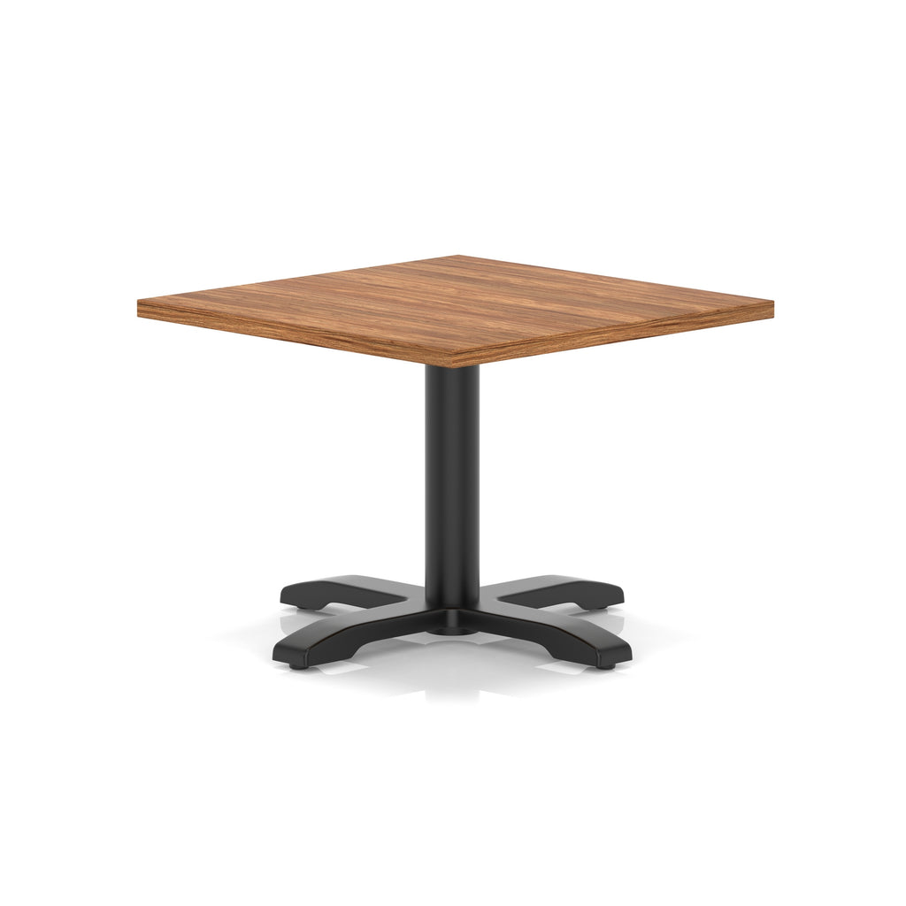 Square coffee table with wood-effect top and black metal base on a white background