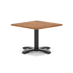 Square coffee table with wood-effect top and black metal base on a white background