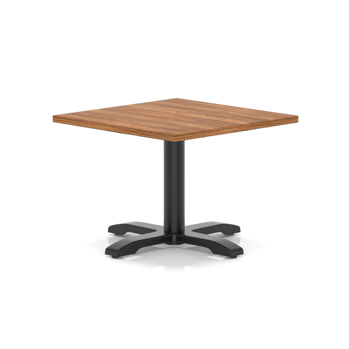 Square coffee table with wood-effect top and black metal base on a white background