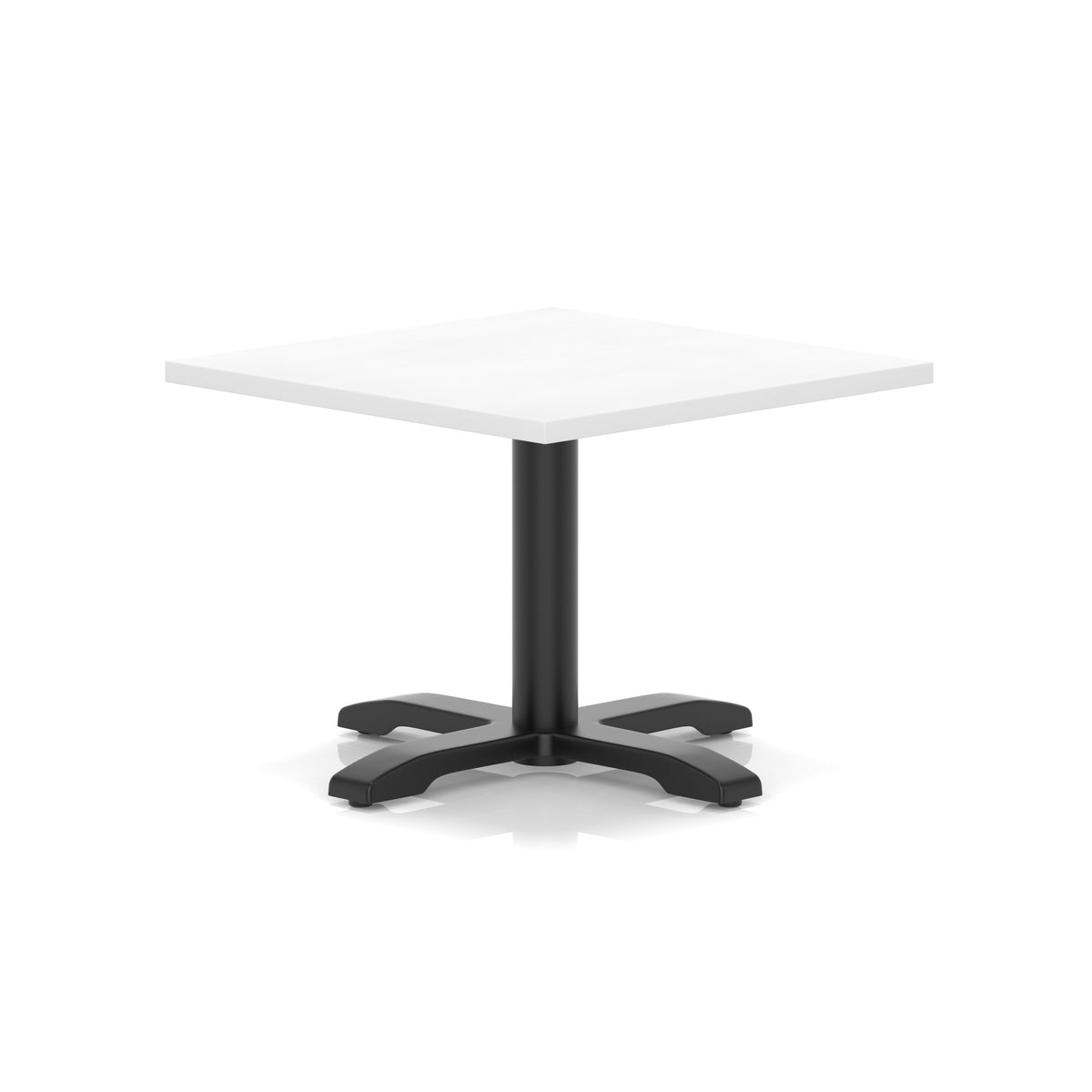 A square cafe table with a white top and a black pedestal base with four legs, shown on a clean white background.