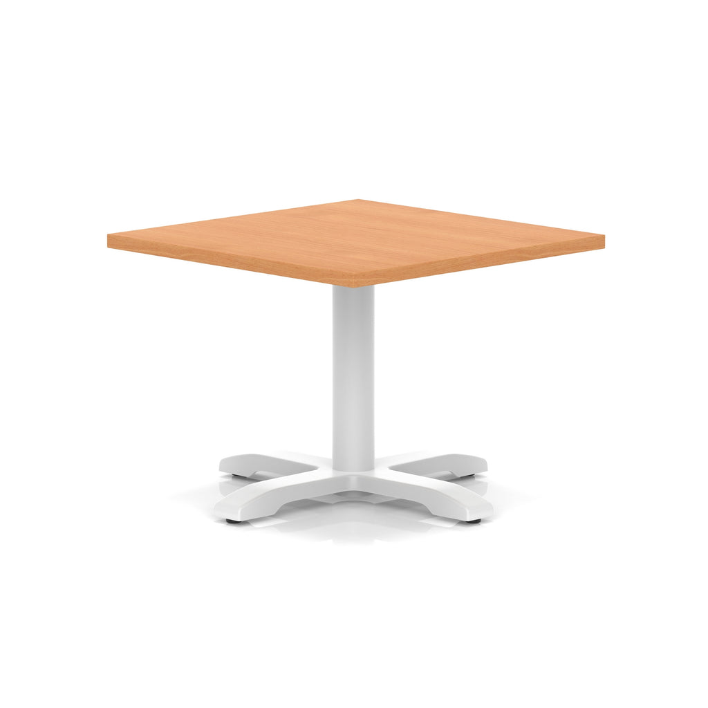 Square coffee table with grey wood-effect top and white metal base on a white background